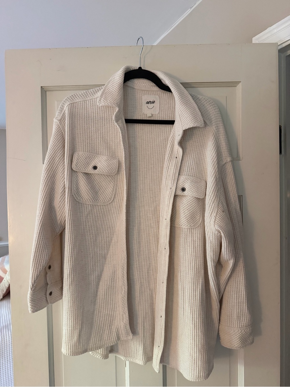 aerie Cream White Ribbed Button-Front Shacket Jacket